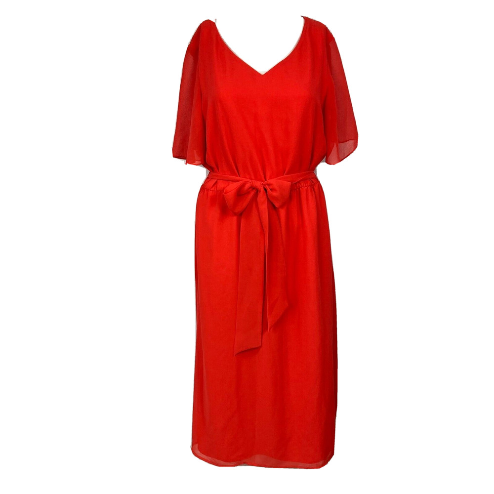 Preston & York Dress Women Sz 8 Red Chiffon Tie Waist Flutter Sleeve Sheath Midi